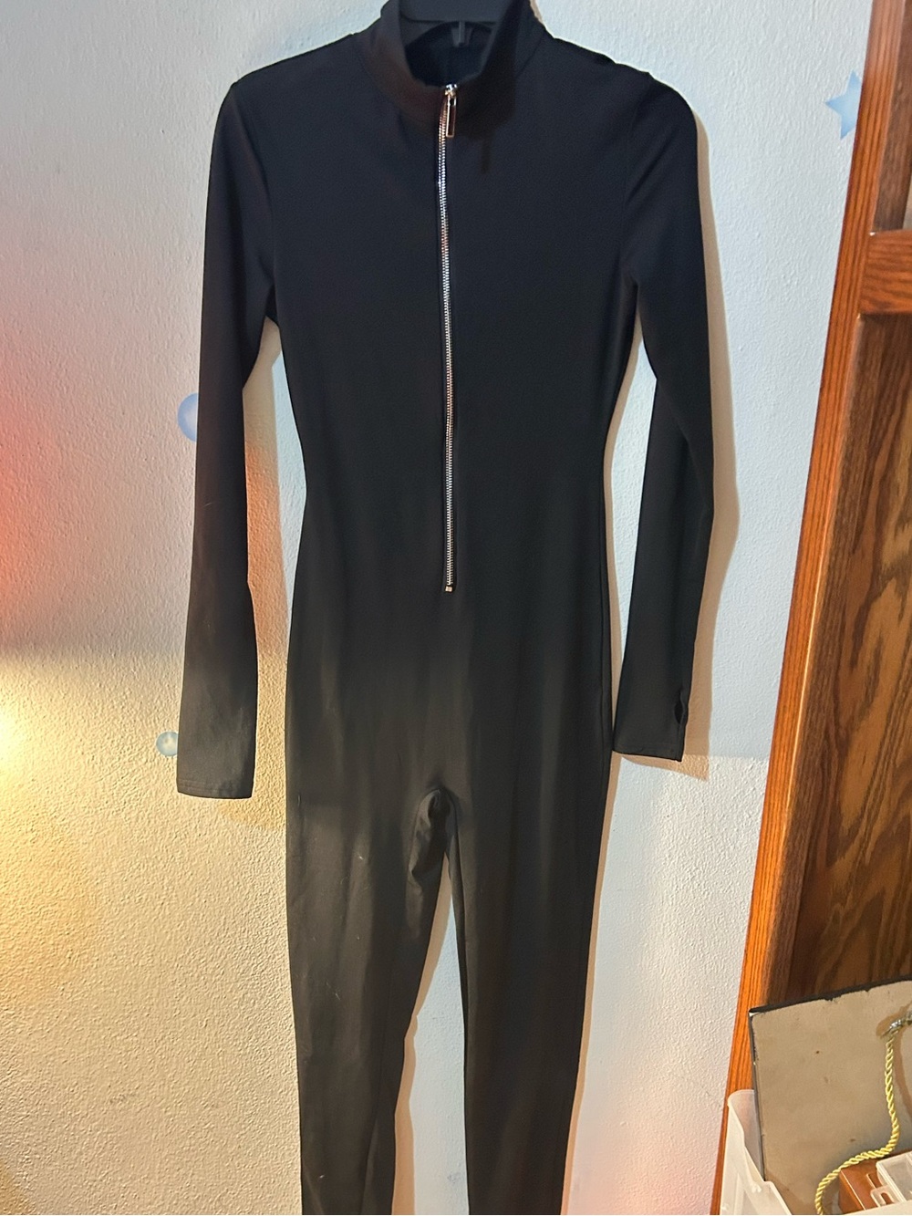Stretch Black Zip Front Jumpsuit / Catsuit – Size Small